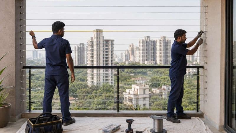 Installation technicians measuring and tensioning a balcony safety cable system on site